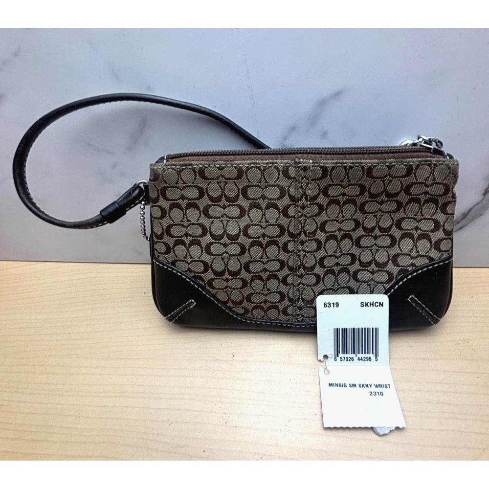 Coach Vintage 6319 Mini Signature Skinny Wristlet Khaki Brown Leather Canvas Y2K